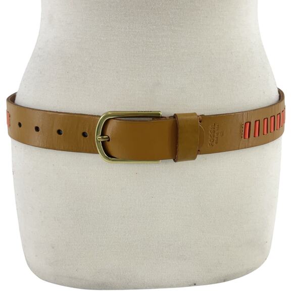 Fossil Brown/Coral Leather Woven Belt Women’s Size Small Pre-Owned - Picture 1 of 4